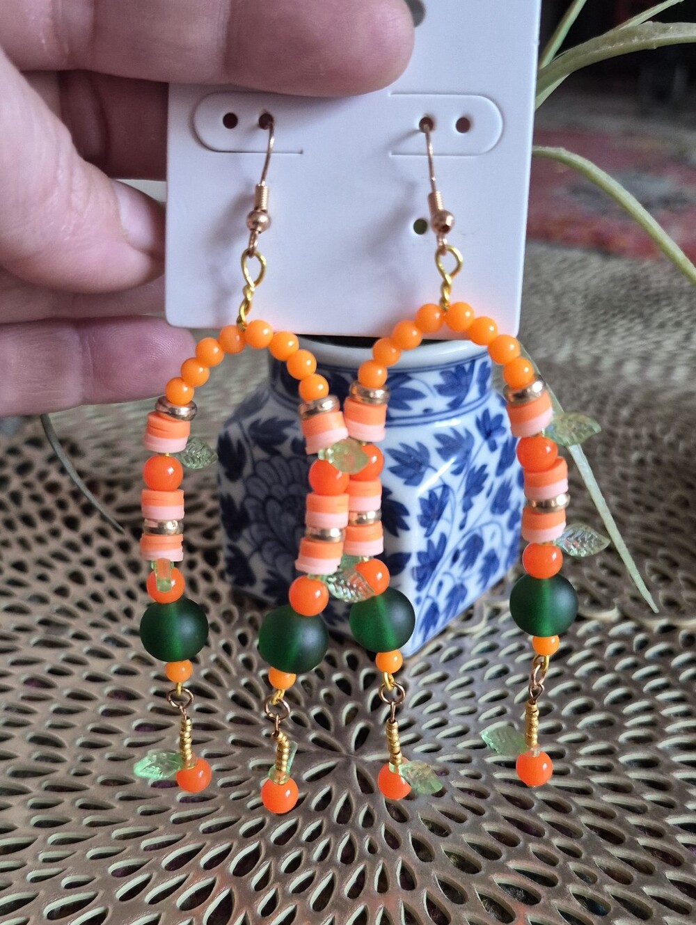 Vibrant Orange & Green Beaded Hoop Earrings with Gold Accents